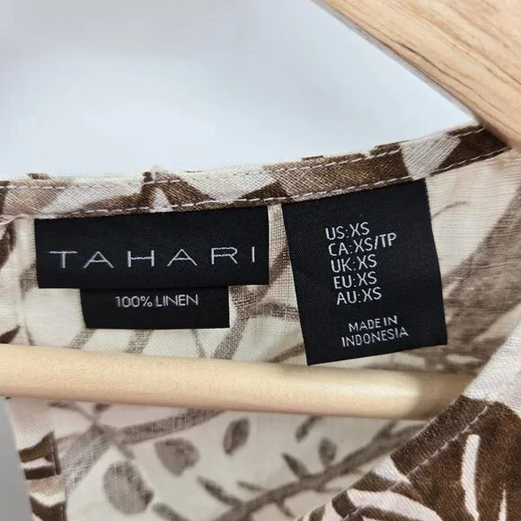 Tahari Ivory Tropical Leaves 100% Linen Sleeveless Pockets Shift Mini Dress XS - Picture 9 of 11